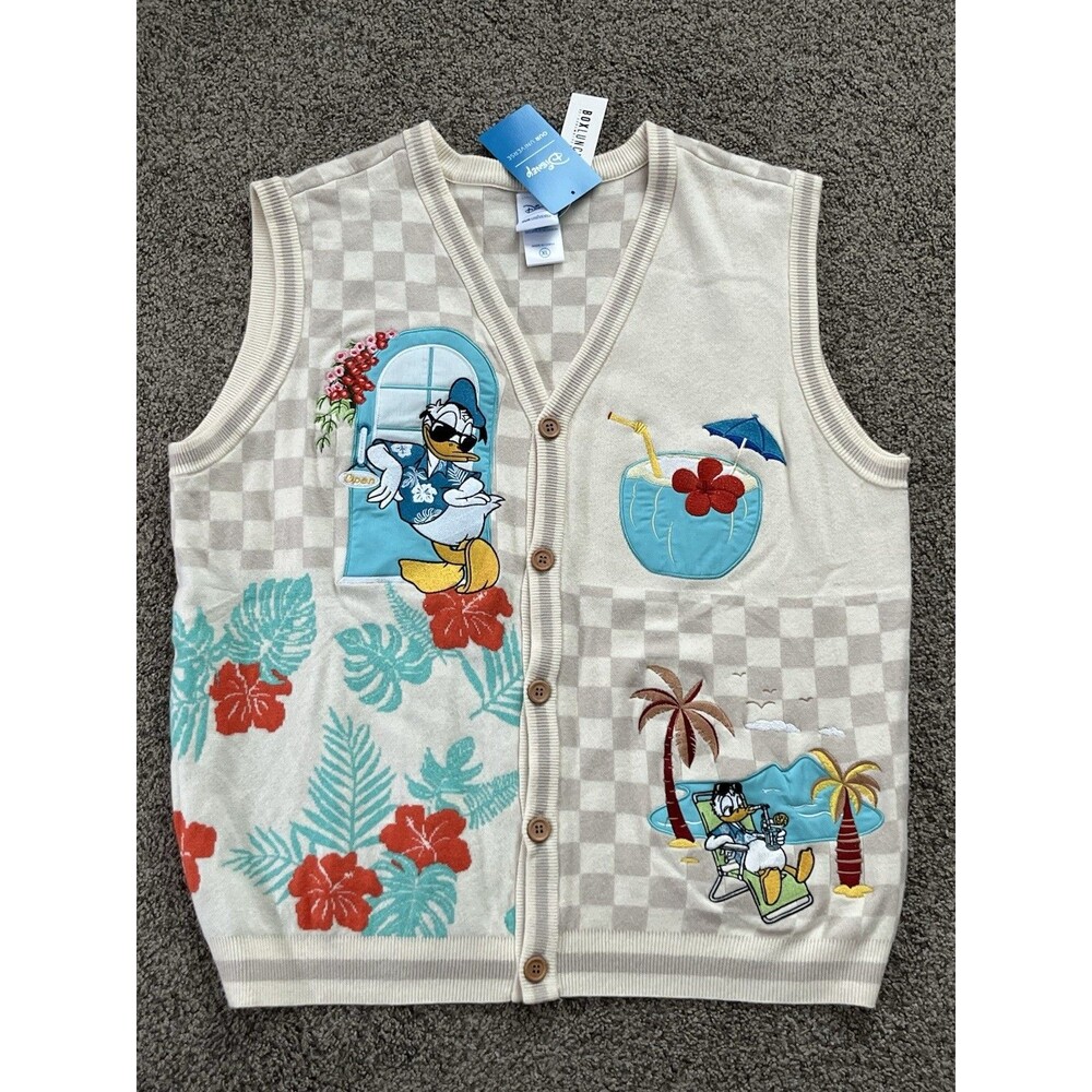 BoxLunch Our Universe Disney Donald Duck Beach Checkered Sweater Vest Size XL